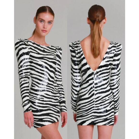 Alla Berman Eleanor Zebra Print Sequins Puff Sleeve Mini Dress White/Black XS - Picture 1 of 6